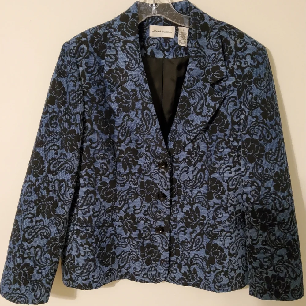 Alfred Dunner Blue/Black Floral Brocade Long Sleeve Blazer/Jacket Size 16 - Picture 1 of 10